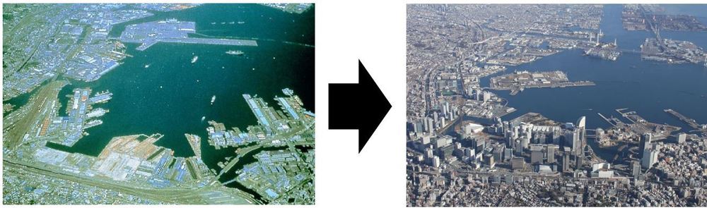 ▲ 1983년 일본 요코하마시 임해 도심부 모습(왼쪽 사진)과 2022년 모습. /사진제공=요코하마 미나토미라이21 누리집 갈무리